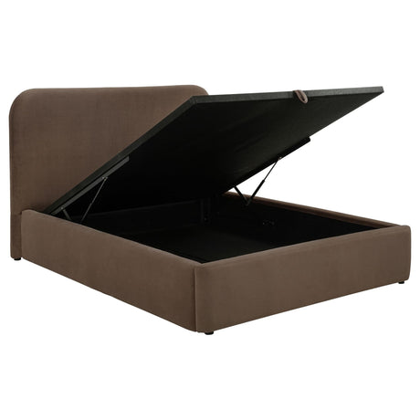 Front angle of Anders Full Upholstered Storage Lift Platform Bed in Chocolate