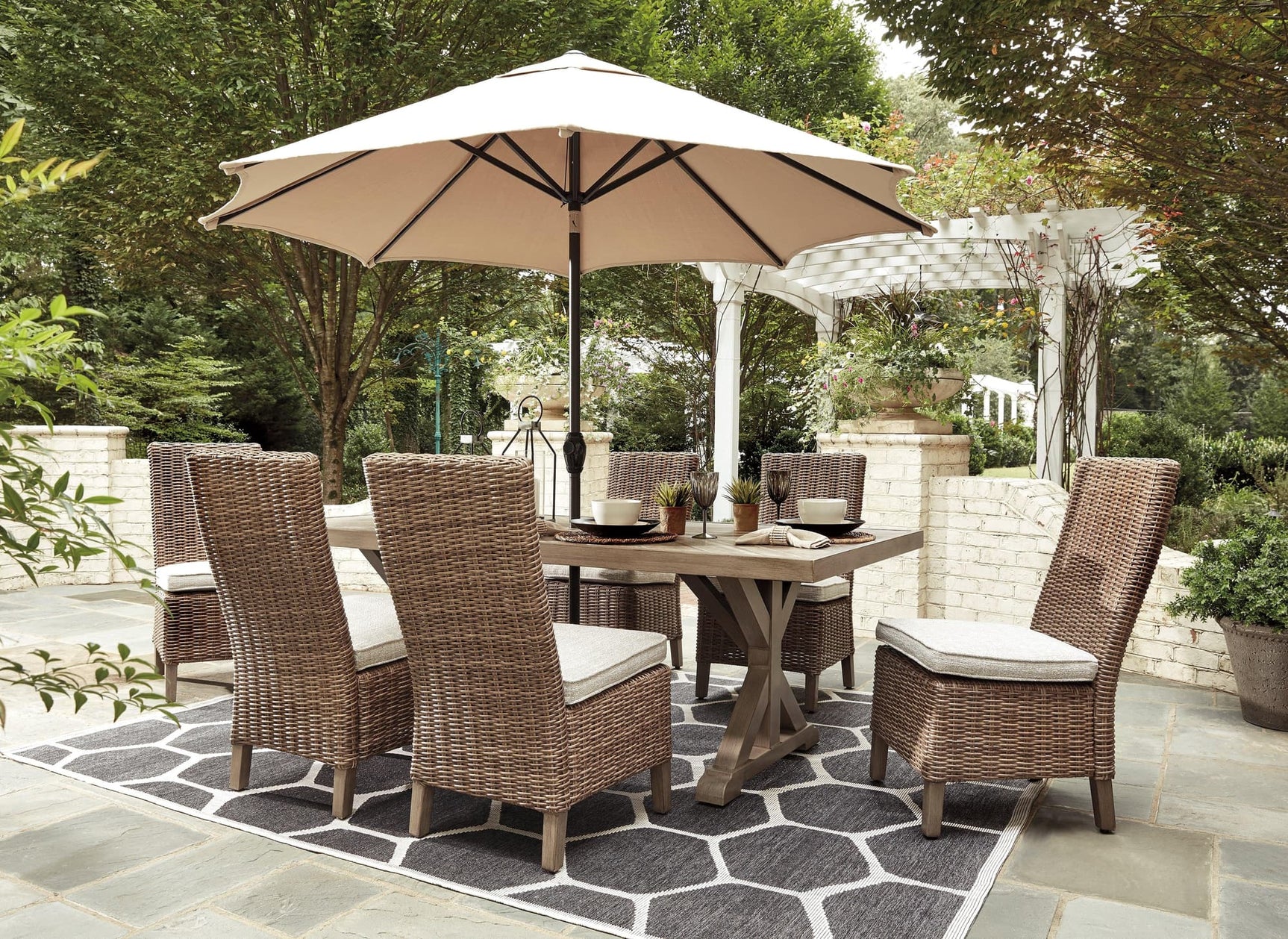Beachcroft Beige Outdoor Dining Table with six side chairs set