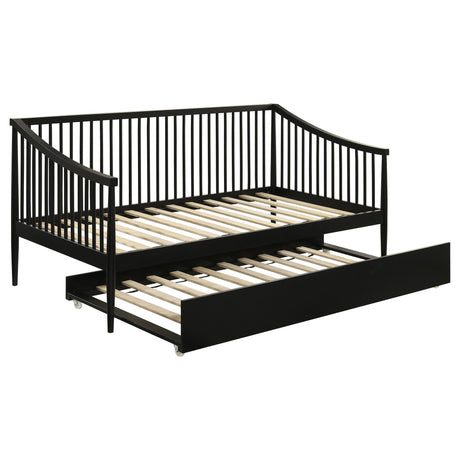 Delgado Windsor Twin Daybed with Trundle Black front angle view showing spindle rails