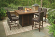 Paradise outdoor bar table with fire pit and 6 bar stools, front view