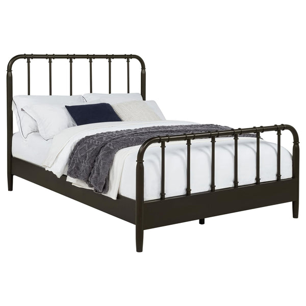 Rocco Queen Bed in dark bronze finish, front view with open water pipe frame