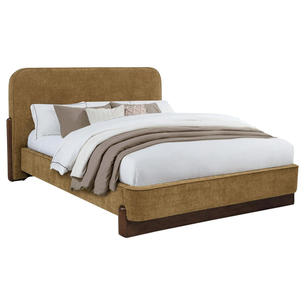 Baldacci Eastern King Platform Bed with tall upholstered headboard in curry fabric