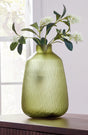 Scottyard Olive Green Glass Vase, front angle showing round shape