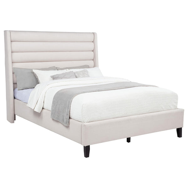 Leslie upholstered tufted queen wingback platform bed beige front angle