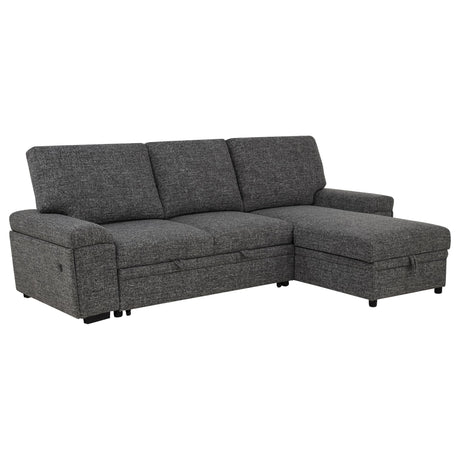 Demko Sleeper Sectional Sofa with Bluetooth speakers and storage chaise in granite, front view