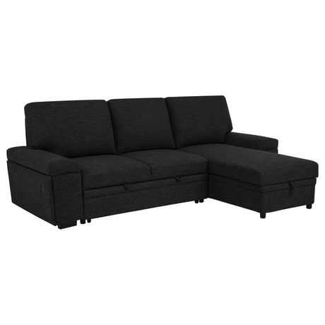 Demko Sleeper Sectional Sofa with storage chaise and speaker in black, angled view