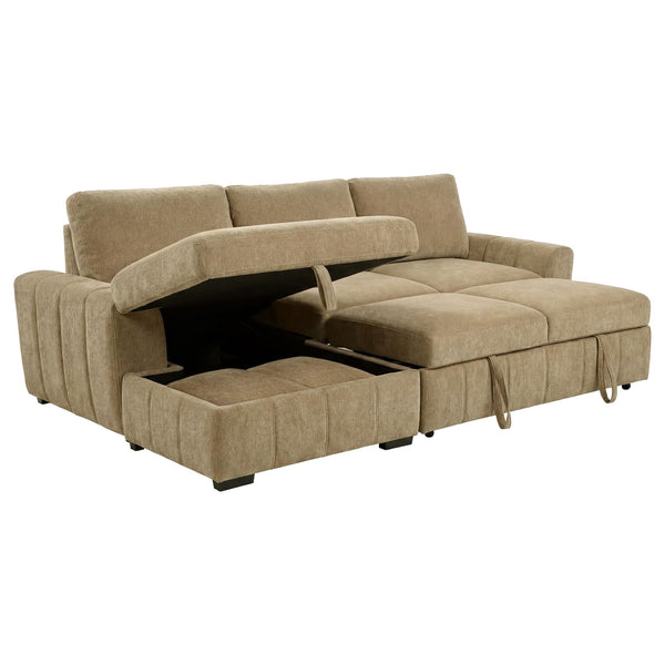 Pastrana camel fabric upholstered sleeper sectional sofa with left arm facing chaise front view