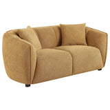 Aleisha loveseat in mustard yellow chenille upholstery front view