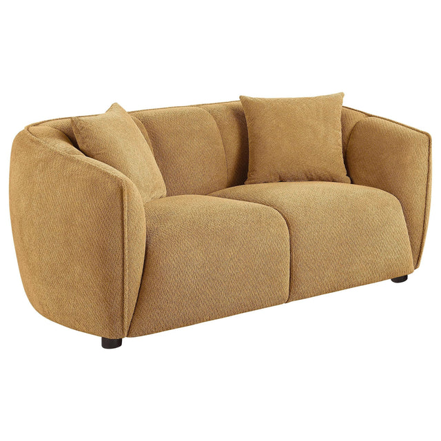 Aleisha loveseat in mustard yellow chenille upholstery front view