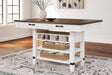 Valebeck rustic farmhouse counter height dining table with brown top and white distressed base front angle