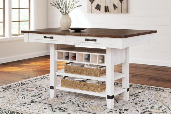 Valebeck rustic farmhouse counter height dining table with brown top and white distressed base front angle