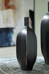 Rhaveney Black Vase set of 3 angled front view on wooden surface