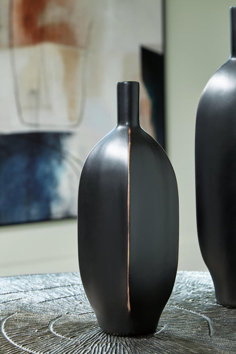Rhaveney Black Vase set of 3 angled front view on wooden surface