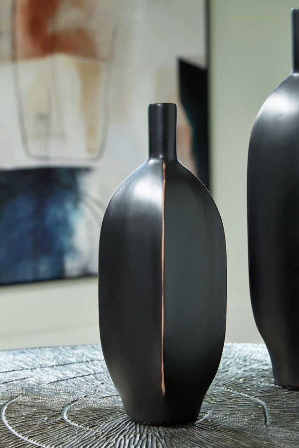 Rhaveney Black Vase set of 3 angled front view on wooden surface
