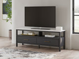 Front view of Cadmori 72" black and white TV stand with drawers closed
