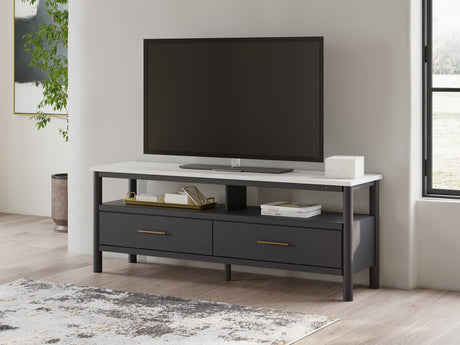 Front view of Cadmori 72" black and white TV stand with drawers closed