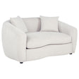 Isabella fabric upholstered loveseat in sand, front angle showing curved arms