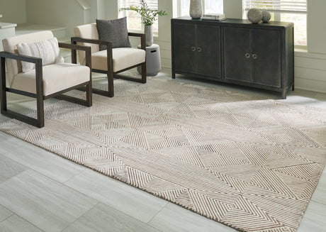 Jadott Beige Brown Large Rug top view with geometric pattern