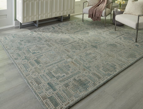 Jossland Green Ivory Large Geometric Rug, top view