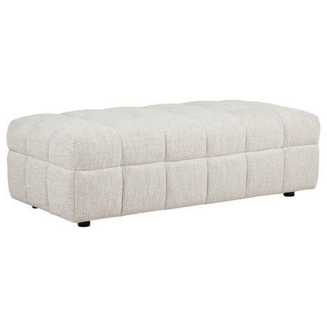 Amara upholstered ottoman side view showing fabric texture