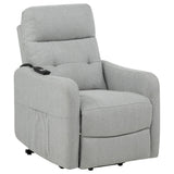 Dayes upholstered power lift recliner chair in light grey, front view