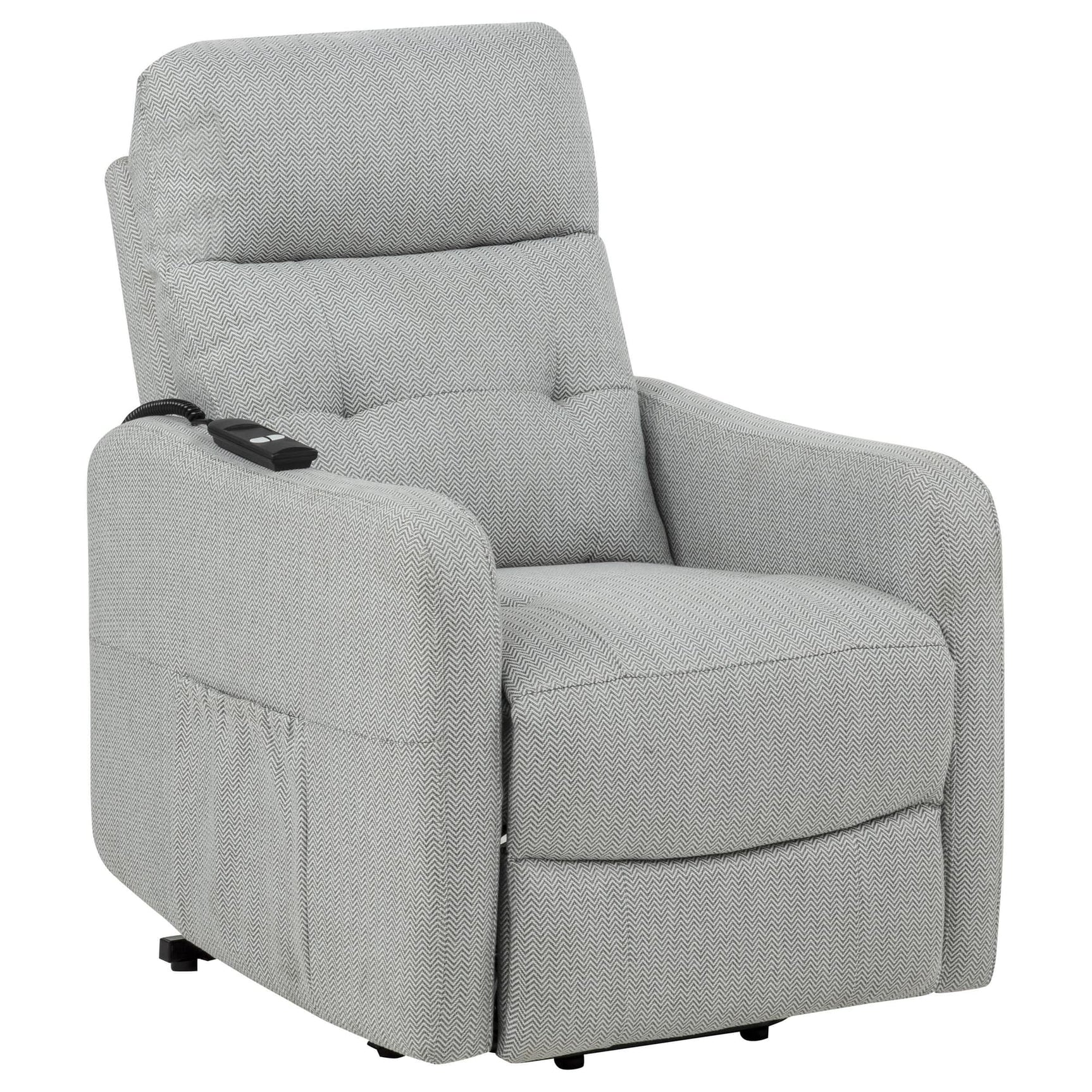 Dayes upholstered power lift recliner chair in light grey, front view