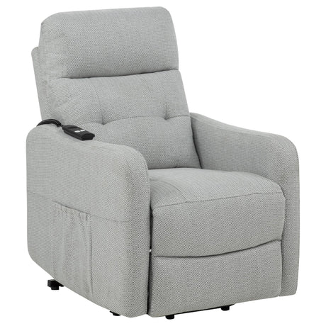 Dayes upholstered power lift recliner chair in light grey, front view