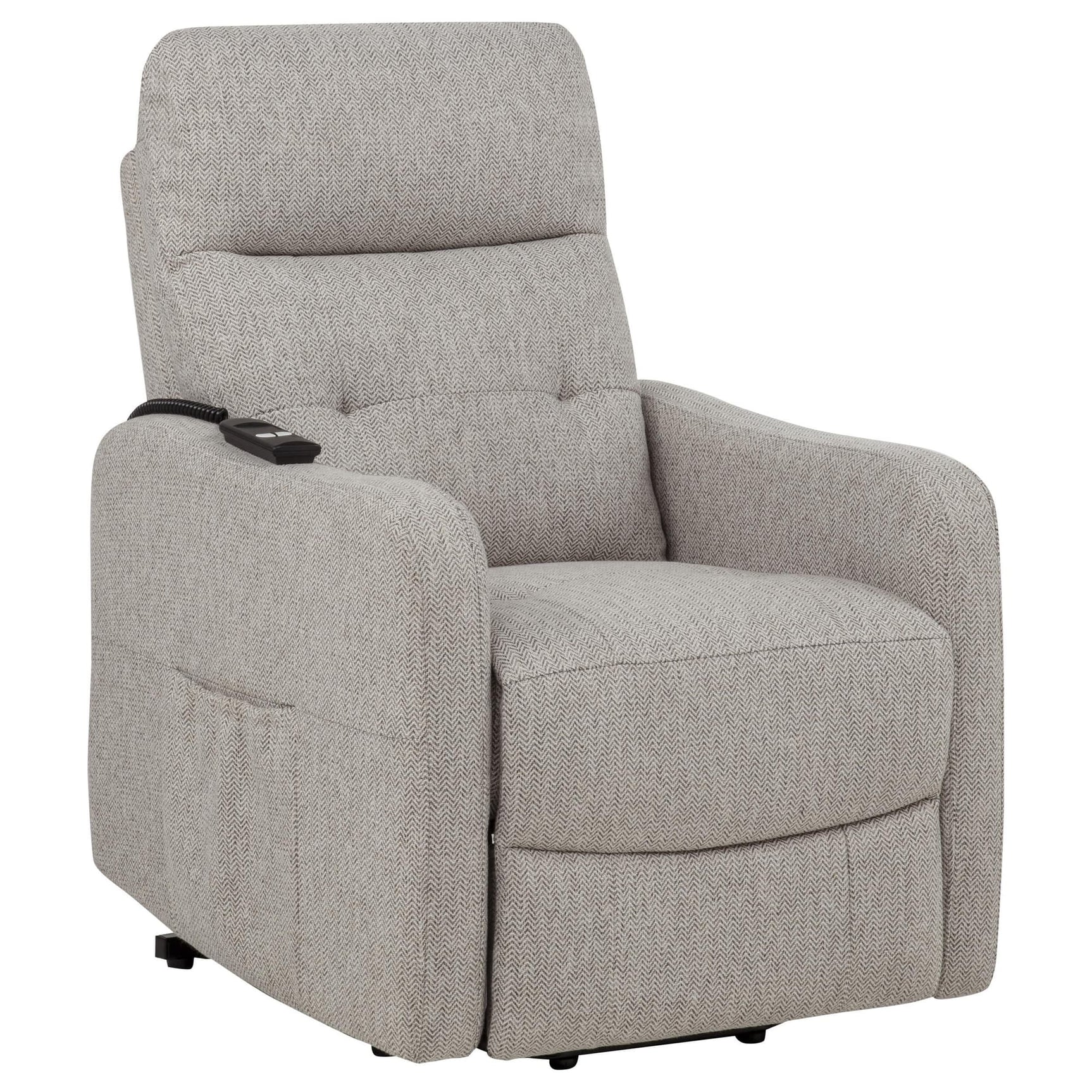 Dayes Upholstered Taupe Power Lift Recliner Chair angled front view