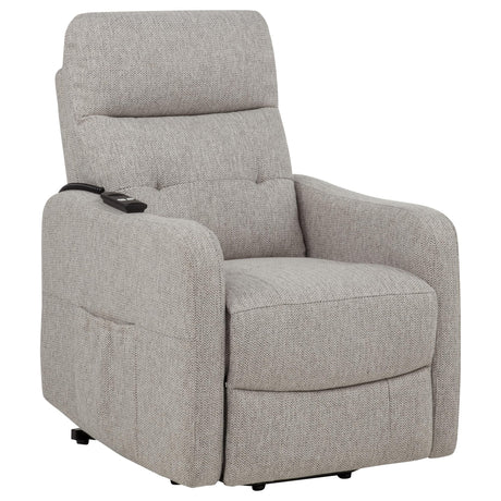Dayes Upholstered Taupe Power Lift Recliner Chair angled front view