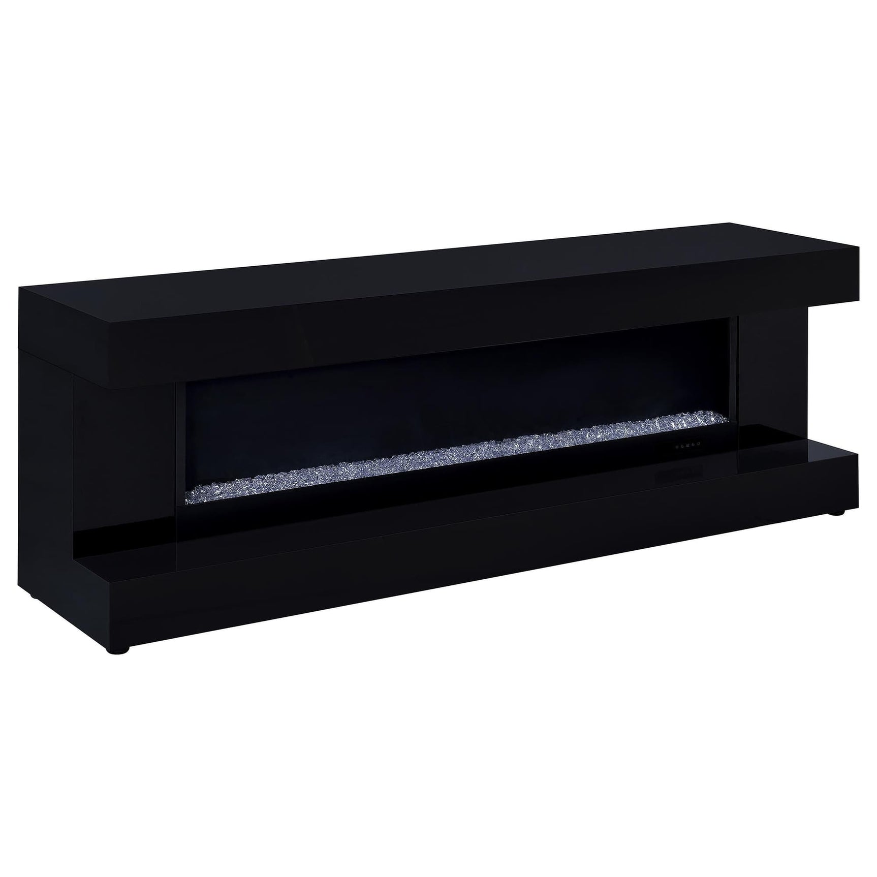 Mallory black high gloss TV stand with electric fireplace and crystal ember bed