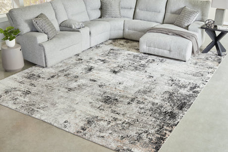 Langwell Extra Large Rug view showing abstract black, gray, white, and tan pattern