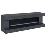 Mallory grey high gloss TV stand with fireplace and Bluetooth speaker frontal view