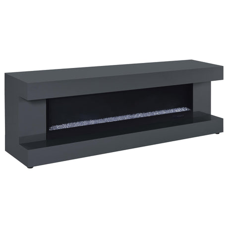 Mallory grey high gloss TV stand with fireplace and Bluetooth speaker frontal view