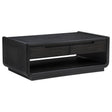 Leandro coffee table in burnished black, front angle showing drawers