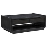 Leandro coffee table in burnished black, front angle showing drawers