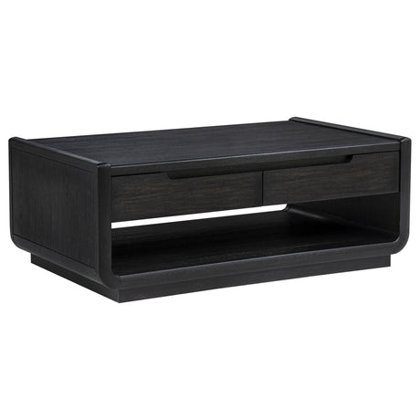Leandro coffee table in burnished black, front angle showing drawers