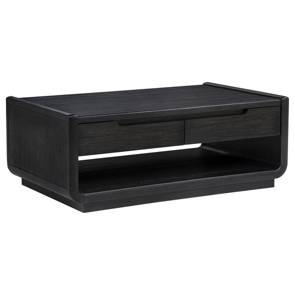 Leandro coffee table in burnished black, front angle showing drawers