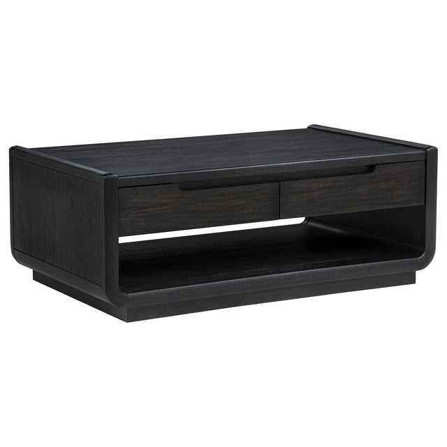 Leandro coffee table in burnished black, front angle showing drawers