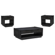 Leandro 3-piece coffee and end table set in burnished black, front angled view