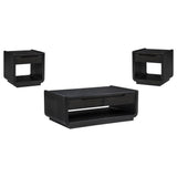 Leandro 3-piece coffee and end table set in burnished black, front angled view