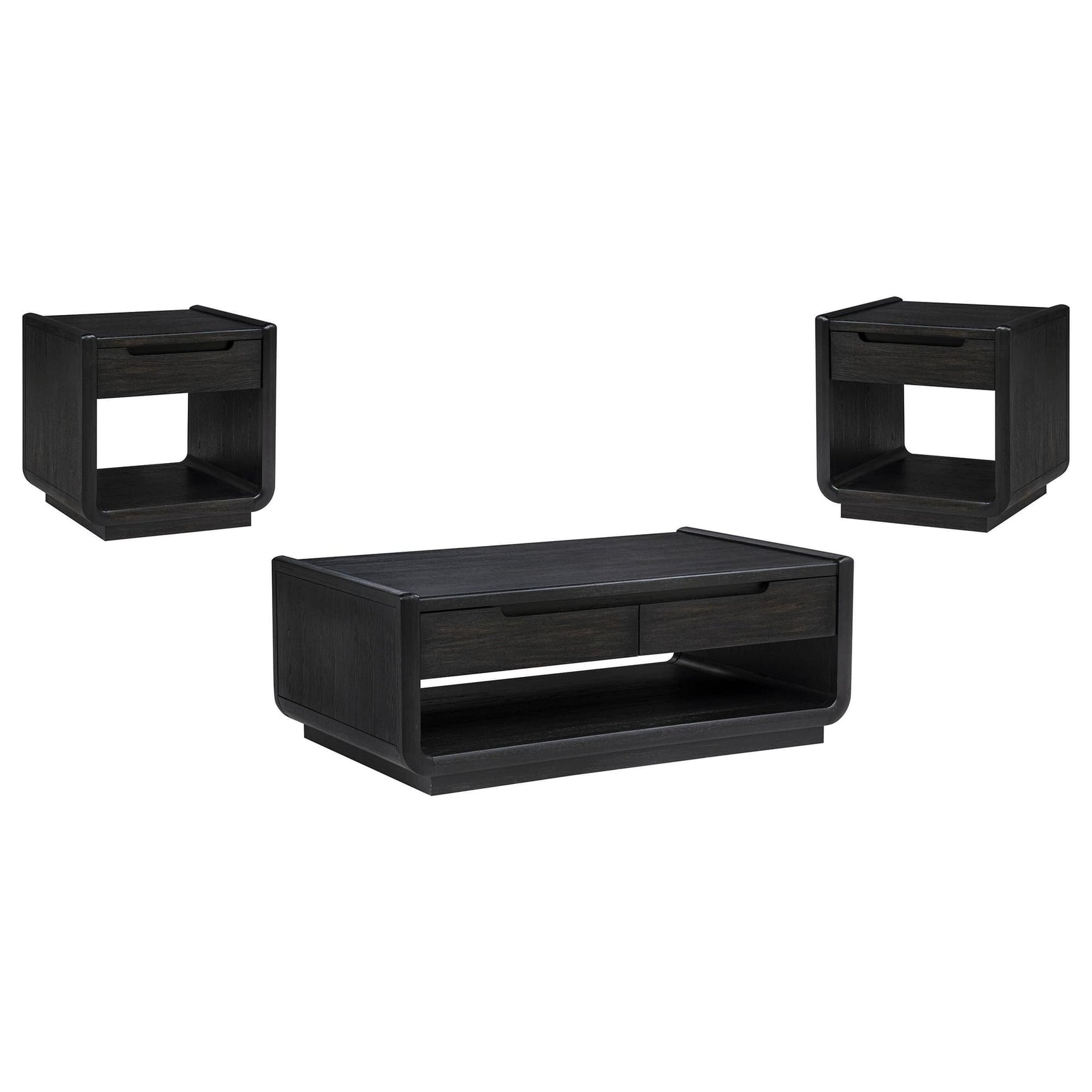 Leandro 3-piece coffee and end table set in burnished black, front angled view