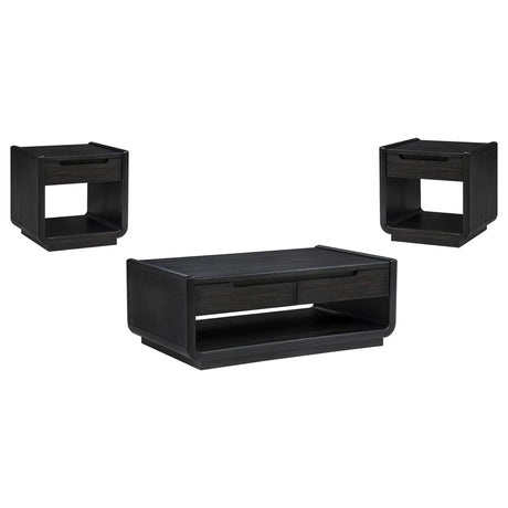 Leandro 3-piece coffee and end table set in burnished black, front angled view