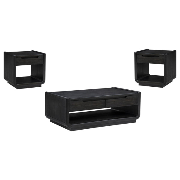 Leandro 3-piece coffee and end table set in burnished black, front angled view