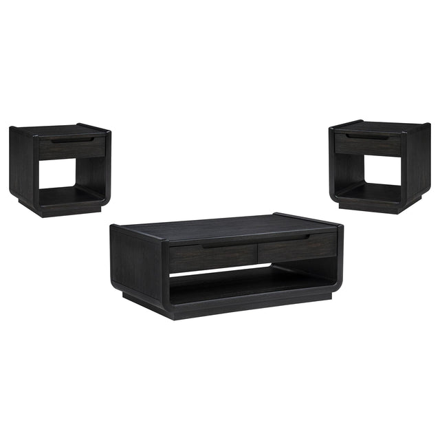 Leandro 3-piece coffee and end table set in burnished black, front angled view