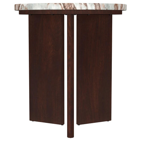 Jenna round marble top side table with mango wood legs front view