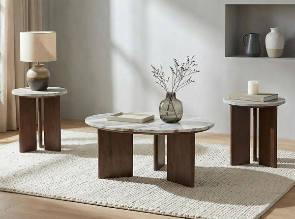 Jenna 3-piece round coffee table set with brown mango wood legs and Toronto marble tops