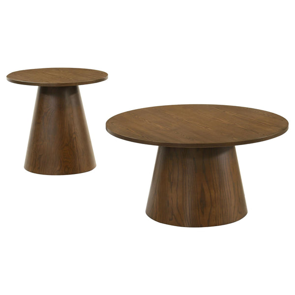 Franklin 2-piece round pedestal coffee table set in dark brown - front view