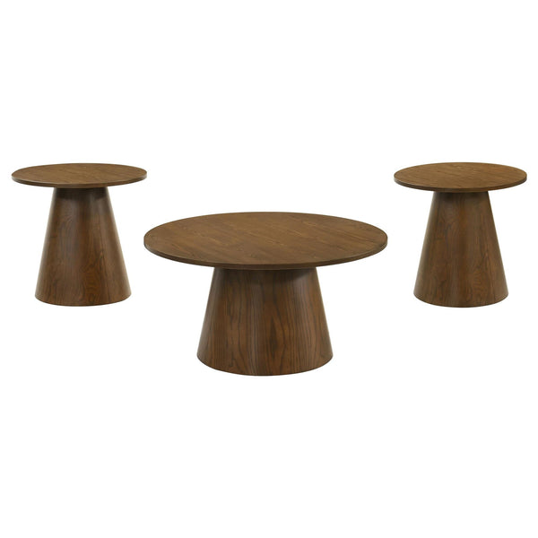 Franklin 3-piece round pedestal coffee table set in dark brown ash veneer, front view