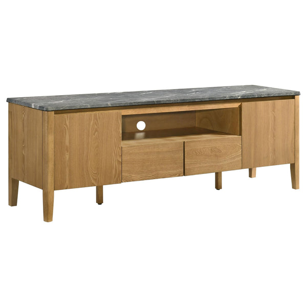 Bradley 63-inch 2-Door SmartTop TV Stand front view in grey and natural ash