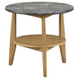 Bradley Round SmartTop End Side Table, front angle showing grey laminate top and natural ash veneer base